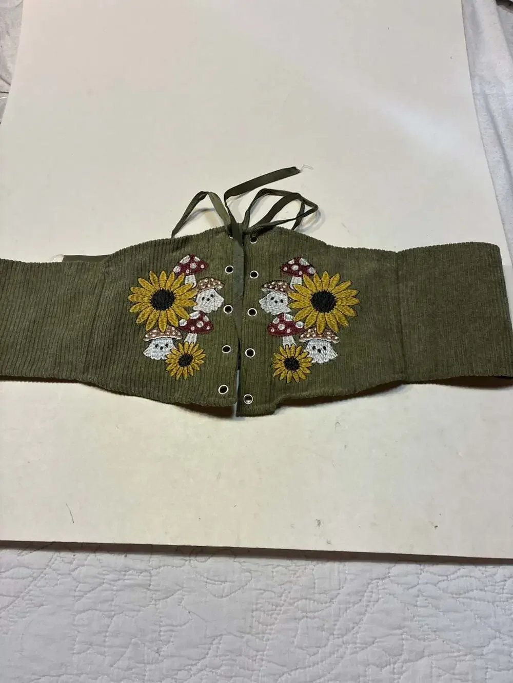 Olive Green Embroidered Sunflower and Mushroom Corduroy Lace-Up Corset Belt